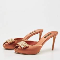 Pre Owned Louis Vuitton Brown Satin Embellished Peep Toe Slide Sandals Size 38