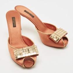 Pre Owned Louis Vuitton Brown Satin Embellished Peep Toe Slide Sandals Size 38