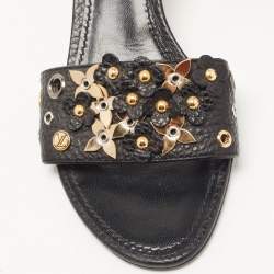 Louis Vuitton Black Leather Embellished Applique Slide Sandals Size 39