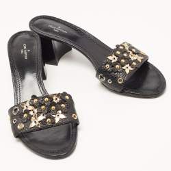 Louis Vuitton Black Leather Embellished Applique Slide Sandals Size 39