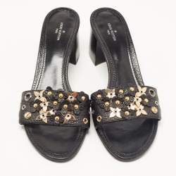 Louis Vuitton Black Leather Embellished Applique Slide Sandals Size 39