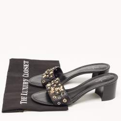 Louis Vuitton Black Leather Embellished Applique Slide Sandals Size 39