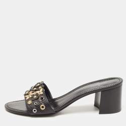 Louis Vuitton Black Leather Embellished Applique Slide Sandals Size 39