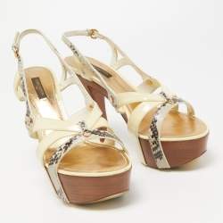 Louis Vuitton Cream Patent Python Embossed Leather Slingback Sandals Size 38