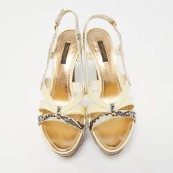 Louis Vuitton Cream Patent Python Embossed Leather Slingback Sandals Size 38