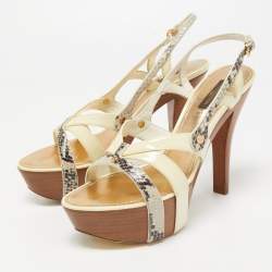 Louis Vuitton Cream Patent Python Embossed Leather Slingback Sandals Size 38