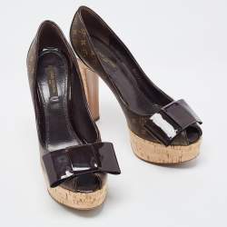 Pre Owned Louis Vuitton Brown Monogram Canvas and Leather Peep Toe Pumps Size 37
