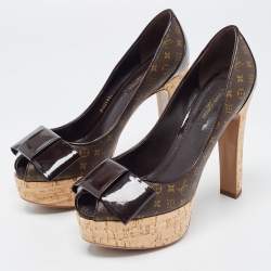 Pre Owned Louis Vuitton Brown Monogram Canvas and Leather Peep Toe Pumps Size 37