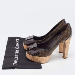 Pre Owned Louis Vuitton Brown Monogram Canvas and Leather Peep Toe Pumps Size 37