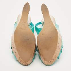 Louis Vuitton Turquoise Monogram Embossed Patent Leather Cork Wedge Slingback Sandals Size 37.5