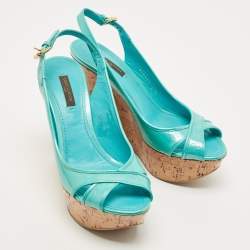 Louis Vuitton Turquoise Monogram Embossed Patent Leather Cork Wedge Slingback Sandals Size 37.5