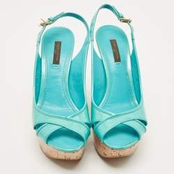 Louis Vuitton Turquoise Monogram Embossed Patent Leather Cork Wedge Slingback Sandals Size 37.5