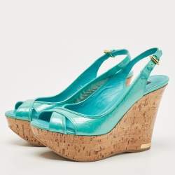 Louis Vuitton Turquoise Monogram Embossed Patent Leather Cork Wedge Slingback Sandals Size 37.5
