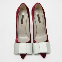 Pre Owned Louis Vuitton Burgundy/Grey Velvet and Satin Bow Crystal Embellished Block Heel Pumps Size 40