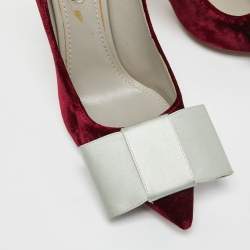 Pre Owned Louis Vuitton Burgundy/Grey Velvet and Satin Bow Crystal Embellished Block Heel Pumps Size 40