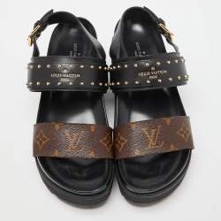 Pre Owned Louis Vuitton Brown/Black Monogram Canvas and Leather Laureate Platform Sandals Size 36.5