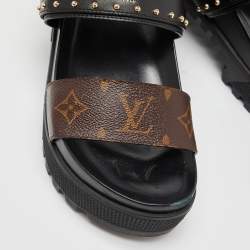 Pre Owned Louis Vuitton Brown/Black Monogram Canvas and Leather Laureate Platform Sandals Size 36.5