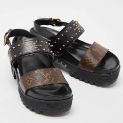 Pre Owned Louis Vuitton Brown/Black Monogram Canvas and Leather Laureate Platform Sandals Size 36.5