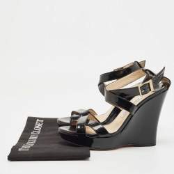 Jimmy Choo Black Patent Leather Wedge Platform Ankle Wrap Sandals Size 38.5