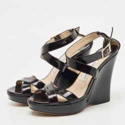 Jimmy Choo Black Patent Leather Wedge Platform Ankle Wrap Sandals Size 38.5