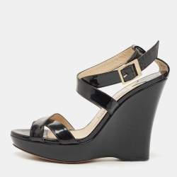 Jimmy Choo Black Patent Leather Wedge Platform Ankle Wrap Sandals Size 38.5