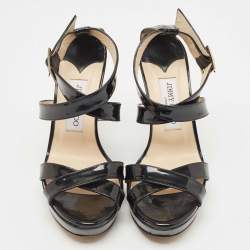 Jimmy Choo Black Patent Leather Wedge Platform Ankle Wrap Sandals Size 38.5