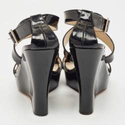 Jimmy Choo Black Patent Leather Wedge Platform Ankle Wrap Sandals Size 38.5