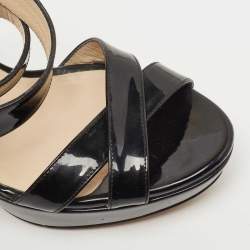 Jimmy Choo Black Patent Leather Wedge Platform Ankle Wrap Sandals Size 38.5