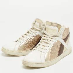 Louis Vuitton Metallic/White Leather and Canvas High Top Sneakers Size 38