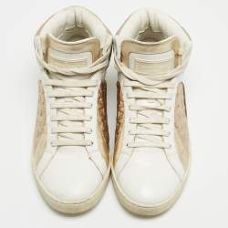 Louis Vuitton Metallic/White Leather and Canvas High Top Sneakers Size 38