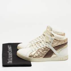Louis Vuitton Metallic/White Leather and Canvas High Top Sneakers Size 38