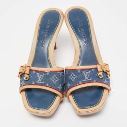 Pre Owned Louis Vuitton Blue/Beige Monogram Denim And Leather Bow Detail Slides Sandals Size 37