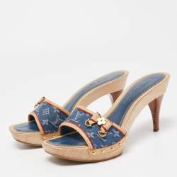 Pre Owned Louis Vuitton Blue/Beige Monogram Denim And Leather Bow Detail Slides Sandals Size 37