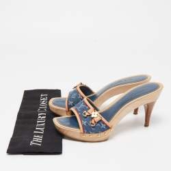 Pre Owned Louis Vuitton Blue/Beige Monogram Denim And Leather Bow Detail Slides Sandals Size 37
