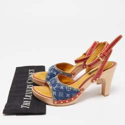 Pre Owned Louis Vuitton Blue/Red Leather and Monogram Denim Ankle Strap Sandals Size 36.5