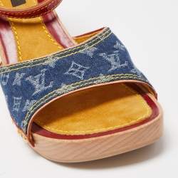 Pre Owned Louis Vuitton Blue/Red Leather and Monogram Denim Ankle Strap Sandals Size 36.5