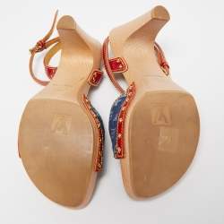 Pre Owned Louis Vuitton Blue/Red Leather and Monogram Denim Ankle Strap Sandals Size 36.5