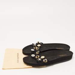 Pre Owned Louis Vuitton Black Suede Embellished Slides Size 39.5
