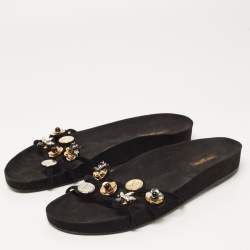 Pre Owned Louis Vuitton Black Suede Embellished Slides Size 39.5