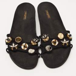 Pre Owned Louis Vuitton Black Suede Embellished Slides Size 39.5