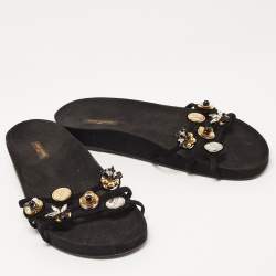 Pre Owned Louis Vuitton Black Suede Embellished Slides Size 39.5