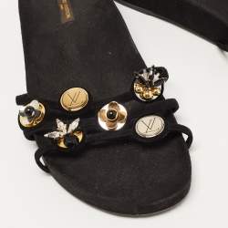 Pre Owned Louis Vuitton Black Suede Embellished Slides Size 39.5