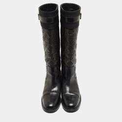 Pre Owned Louis Vuitton Black/Brown Monogram Leather Knee Length Boots Size 40.5