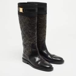 Pre Owned Louis Vuitton Black/Brown Monogram Leather Knee Length Boots Size 40.5
