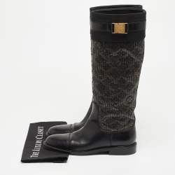 Pre Owned Louis Vuitton Black/Brown Monogram Leather Knee Length Boots Size 40.5