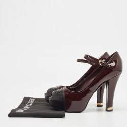 Pre Owned Louis Vuitton Burgundy/Black Patent and Leather Peep Toe Mary Jane Pumps Size 38