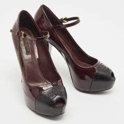 Pre Owned Louis Vuitton Burgundy/Black Patent and Leather Peep Toe Mary Jane Pumps Size 38