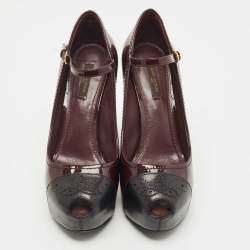 Pre Owned Louis Vuitton Burgundy/Black Patent and Leather Peep Toe Mary Jane Pumps Size 38