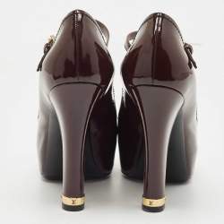 Pre Owned Louis Vuitton Burgundy/Black Patent and Leather Peep Toe Mary Jane Pumps Size 38