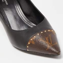 Louis Vuitton Brown/Black Leather and Monogram Canvas Studded Cap Toe Pumps Size 37